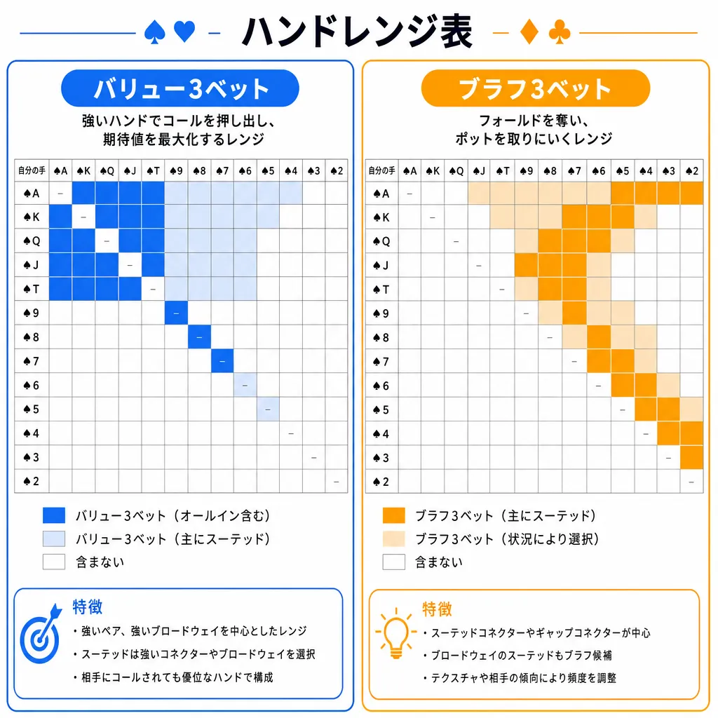 バリュー3betとブラフ3betを左右に並べたハンドレンジ表のフラットイラスト