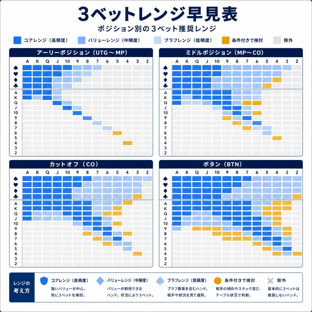 ポジション別の3betレンジを示したハンドレンジ表のフラットイラスト