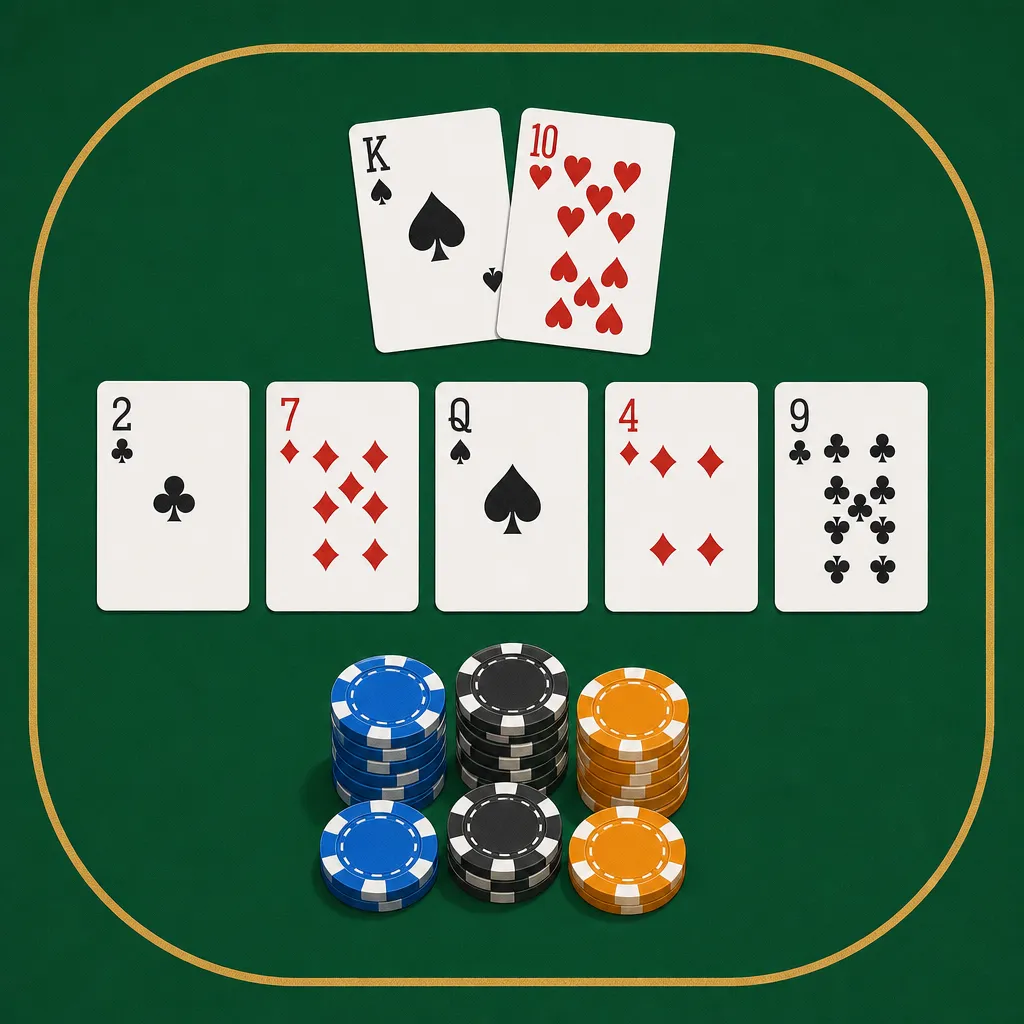 グリーンフェルトのポーカーテーブル中央にホールカード2枚・コミュニティカード5枚・チップスタックが並ぶ俯瞰ショット
