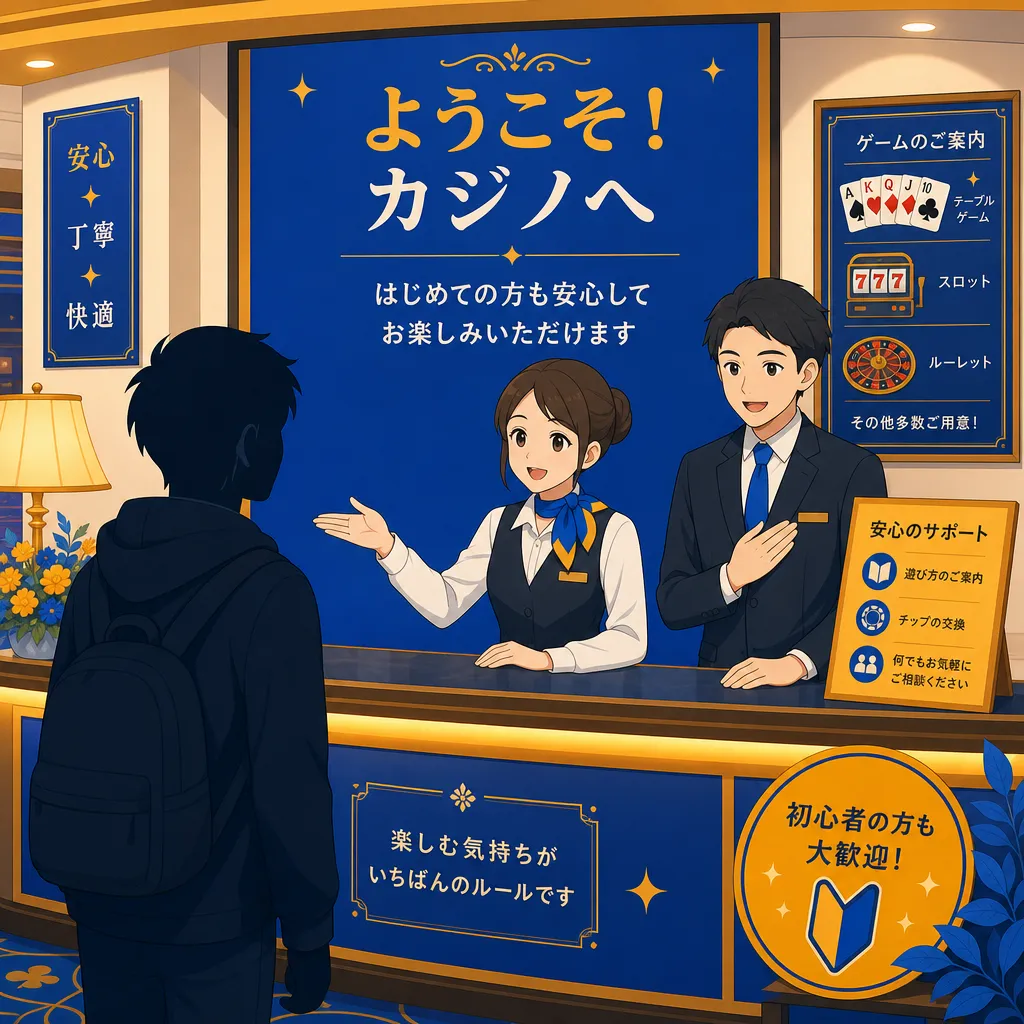 アミューズメントカジノの明るい受付カウンターでスタッフに案内される若い初心者プレイヤー