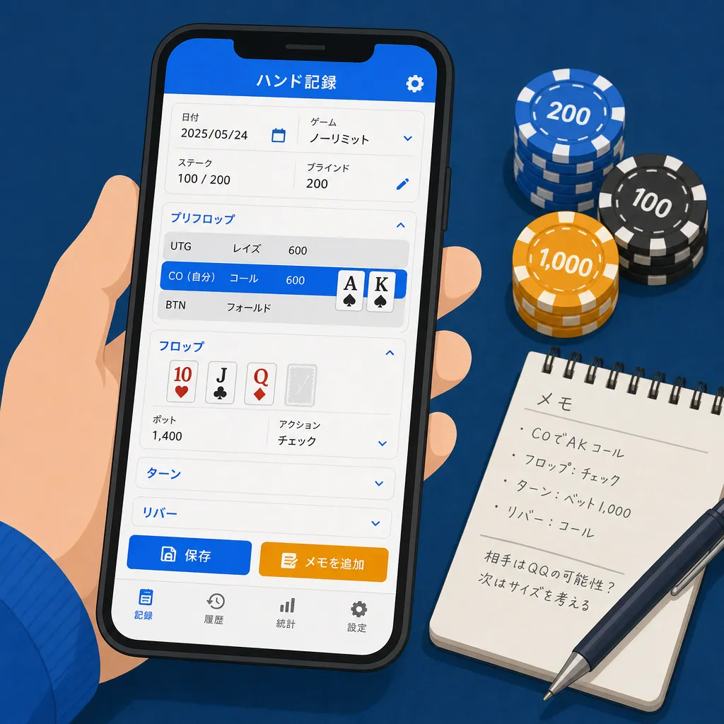 スマートフォンでポーカーハンド記録アプリを操作する手元のクローズアップ、隣にポーカーチップとメモ帳