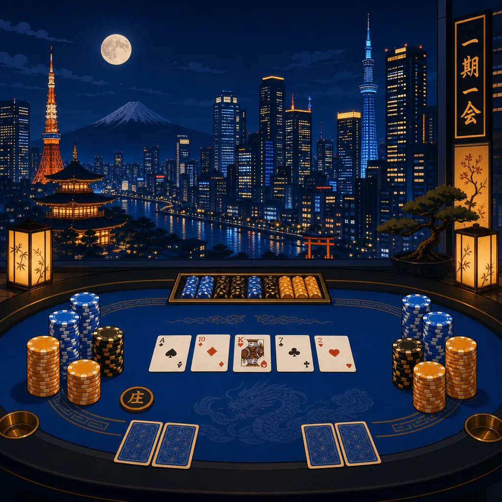 アジアの都市夜景とポーカーテーブル、チップを並べたフラットイラスト