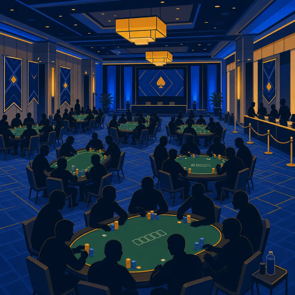 ポーカートーナメントの会場で複数テーブルが並ぶフラットイラスト