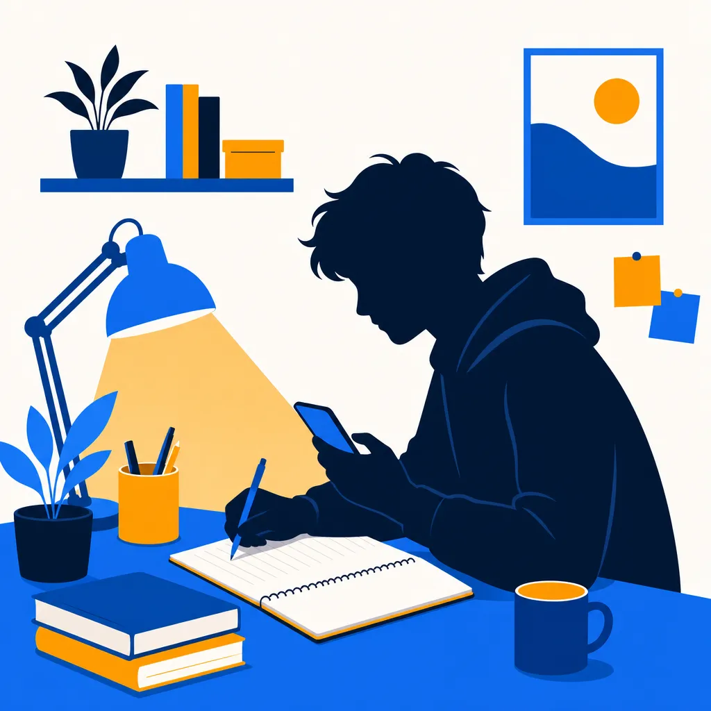 ノートとスマートフォンで学習するシルエットのフラットイラスト