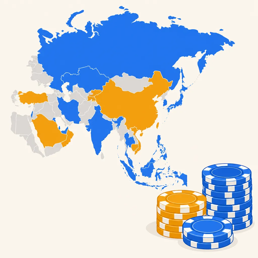 アジア各国の地図とポーカーチップを並べたフラットイラスト