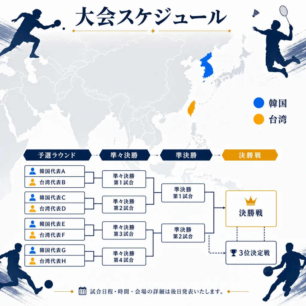 アジア地図上に韓国と台湾を強調表示したトーナメントスケジュール図