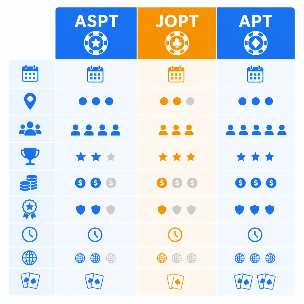 ASPT・JOPT・APTを並べた比較表のフラットイラスト