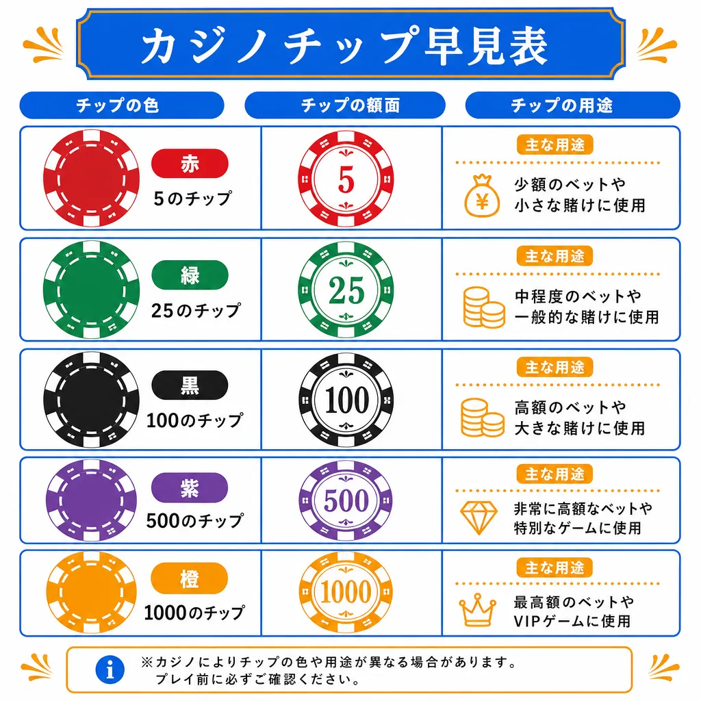 ラスベガス基準のカジノチップを額面別の色で並べた早見表のフラットイラスト