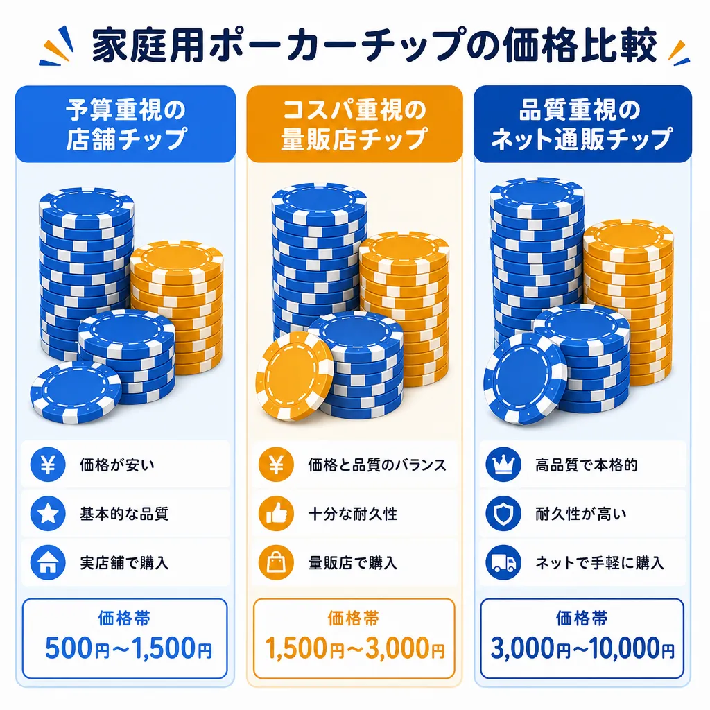 100均・ドンキ・通販の価格帯を並べた家庭用ポーカーチップ比較表のフラットイラスト