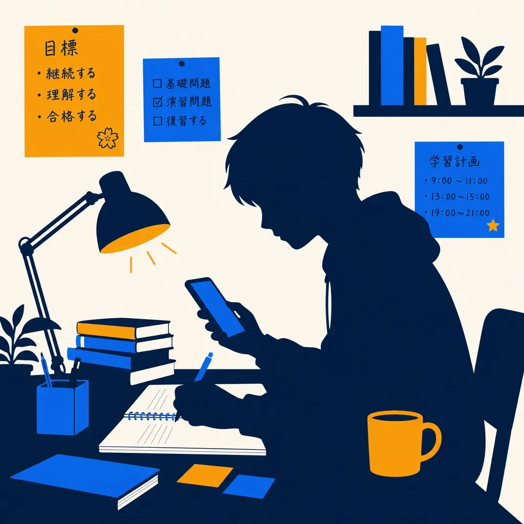 ノートとスマートフォンで学習するシルエットのフラットイラスト