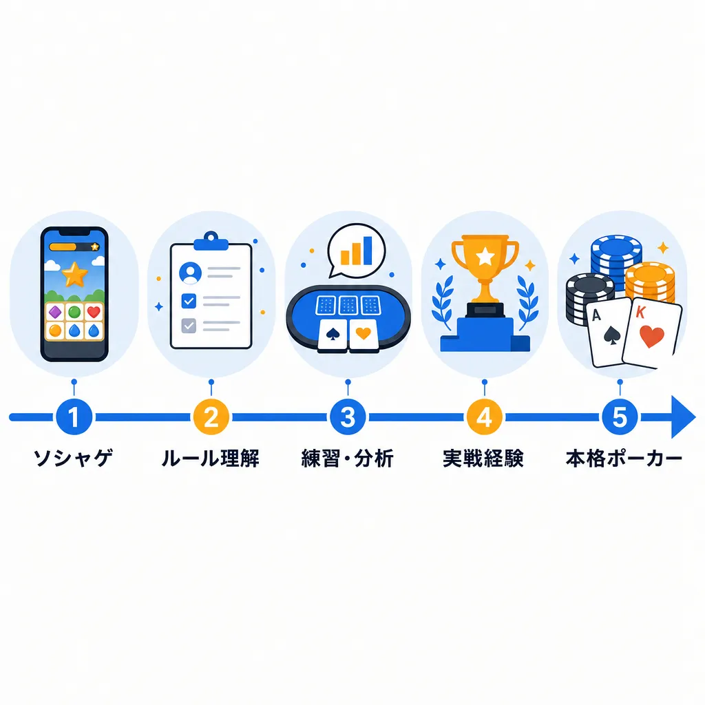 ソシャゲから本格ポーカーへの学習ステップを示すフラットイラスト