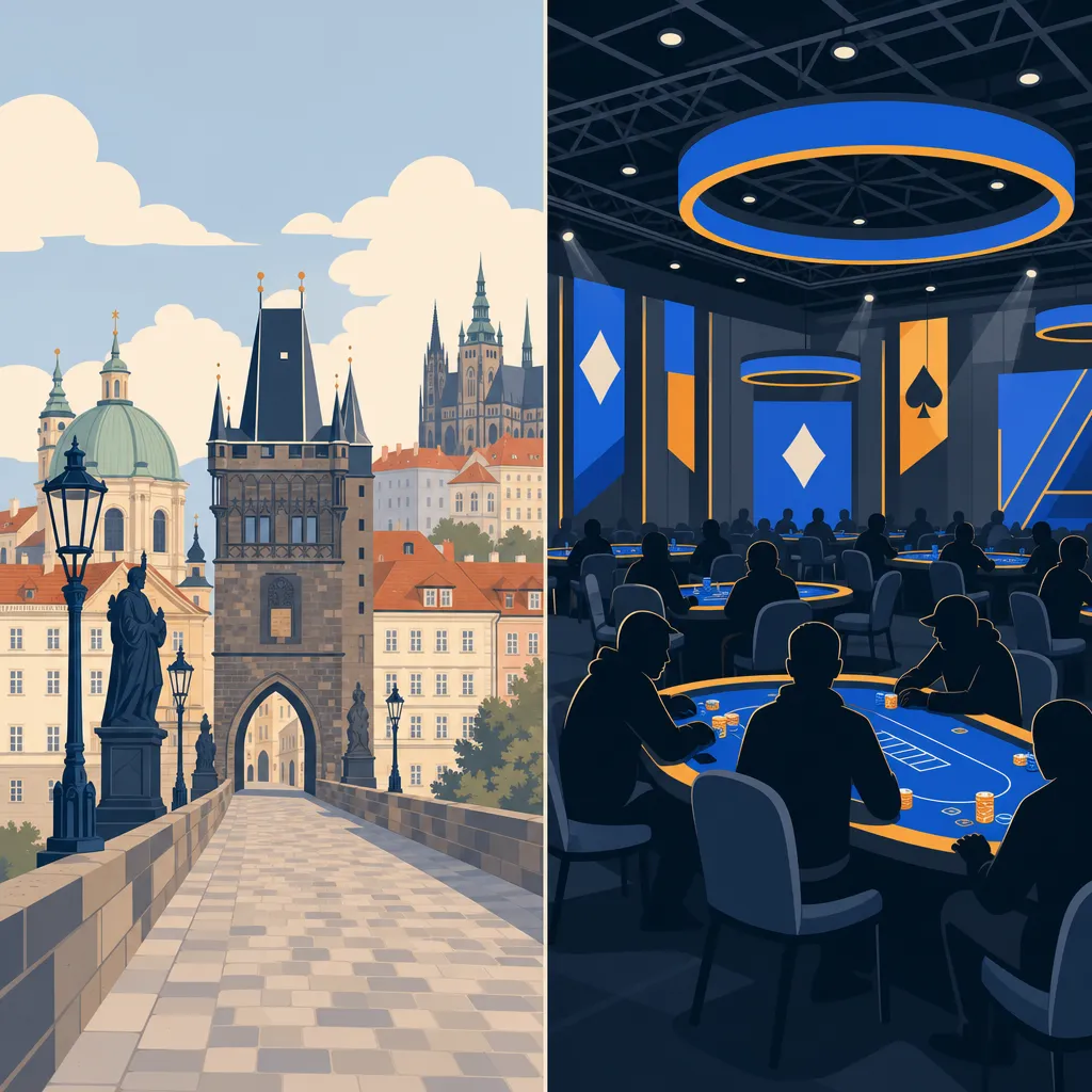 ヨーロッパの都市風景とポーカートーナメント会場を並べたフラットイラスト