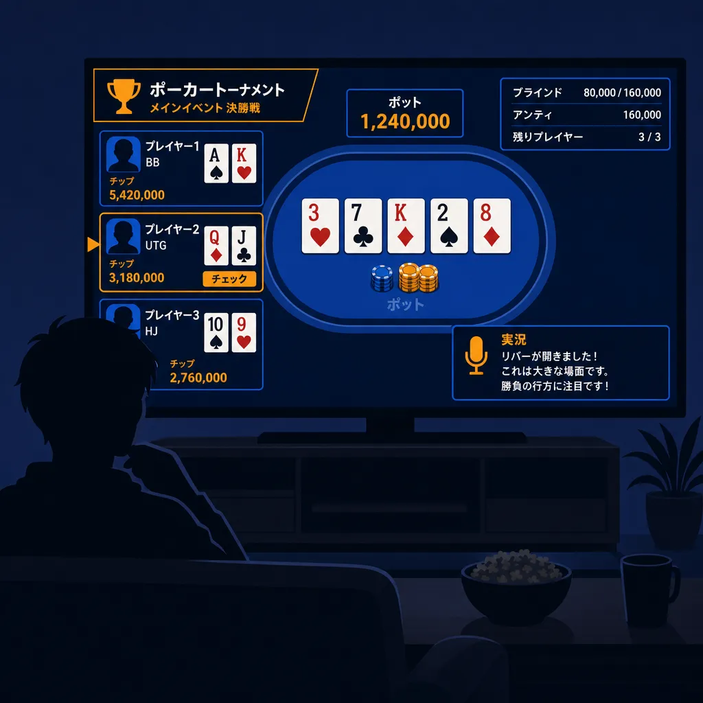 テレビ画面でポーカー配信を視聴するシルエットのフラットイラスト