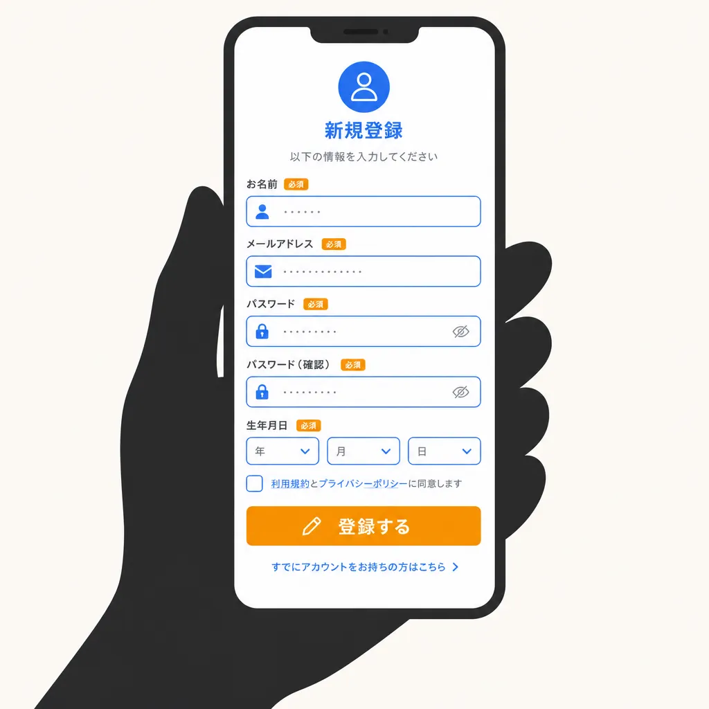 スマートフォンでアプリの登録画面を操作するシルエット