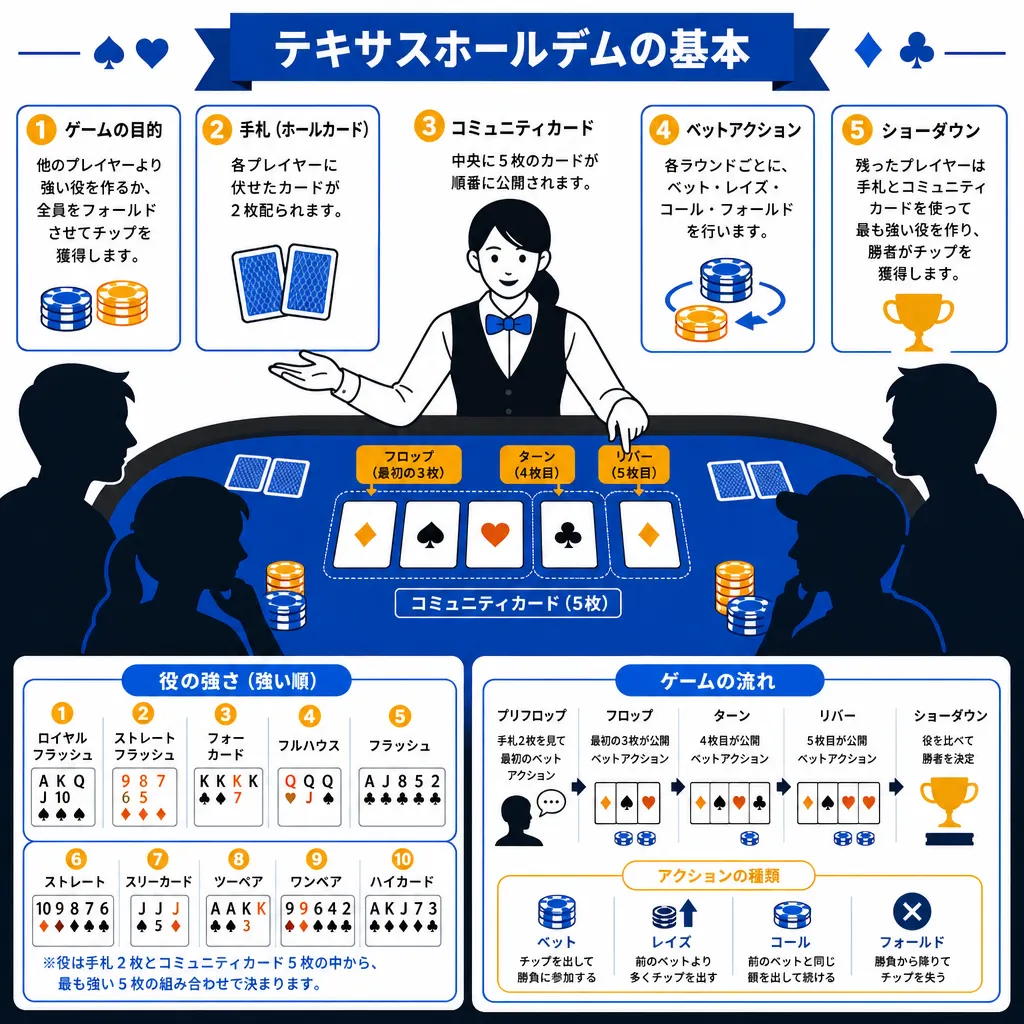 JCSホールデムの初心者講習でディーラーが説明している場面のフラットイラスト