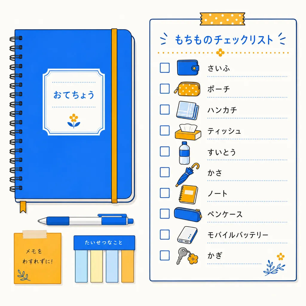 ノートと持ち物リストを並べたフラットイラスト