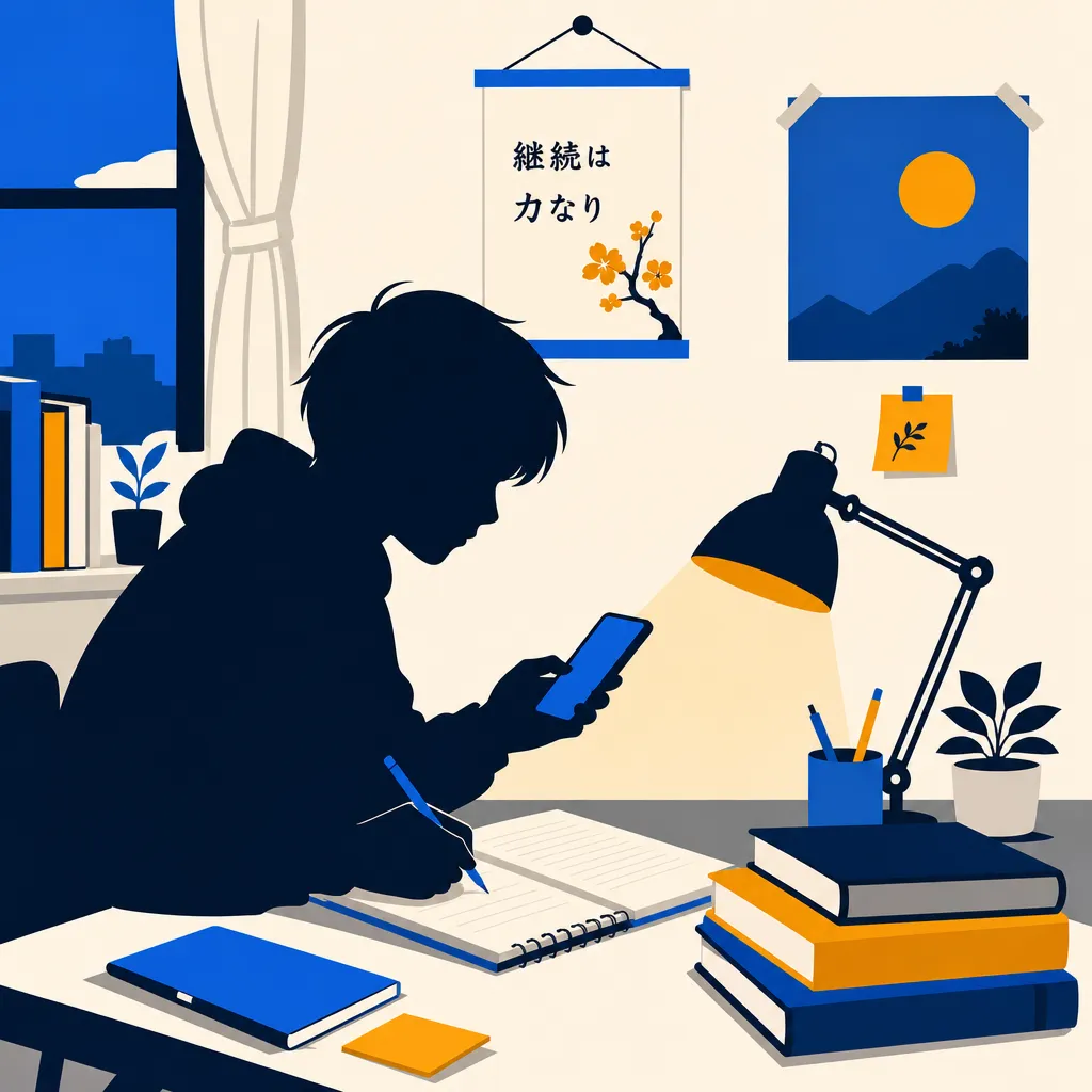 ノートとスマートフォンで学習するシルエットのフラットイラスト