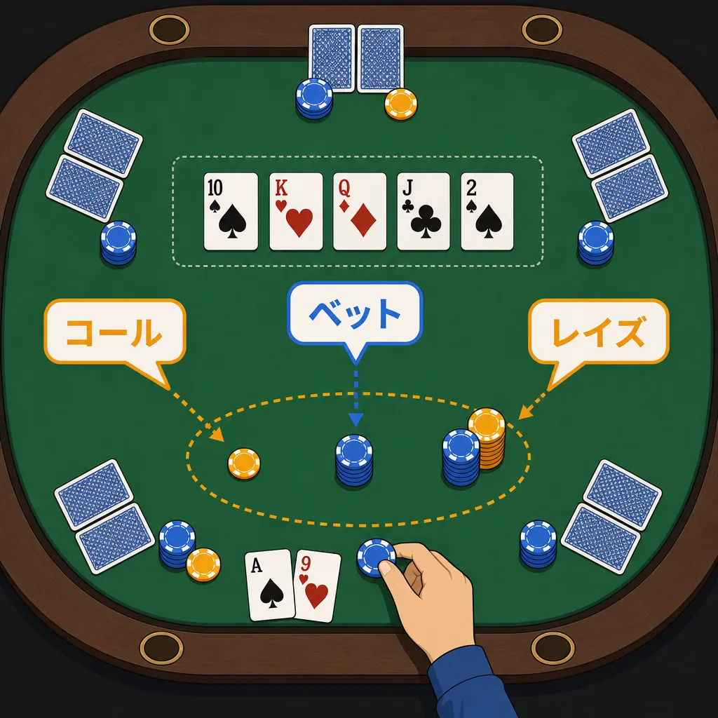 テーブル上でチップをベットする手元と各アクションの吹き出しラベル