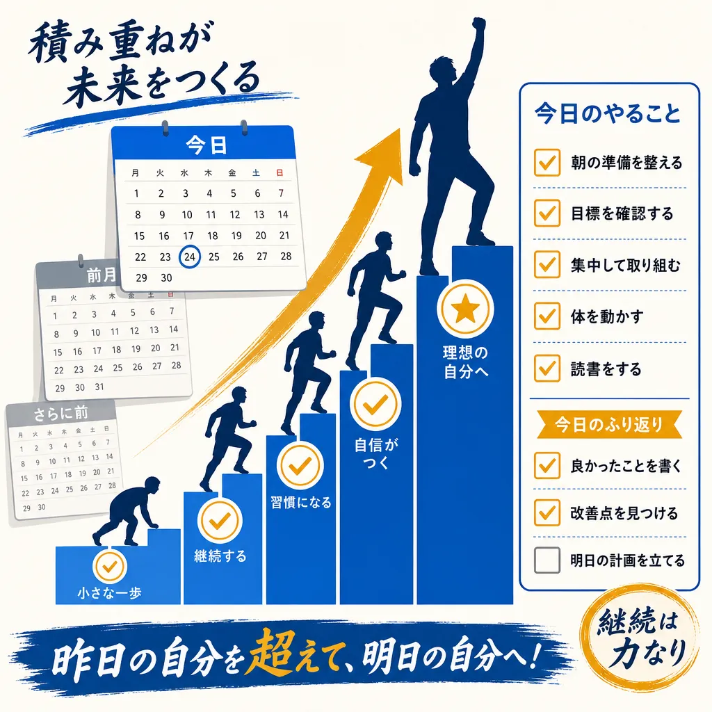 カレンダーとチェックリストを背景に成長していくプレイヤーのイラスト