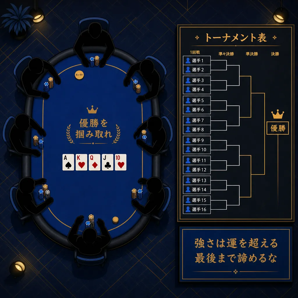 ポーカートーナメントのテーブルに並ぶプレイヤーとトーナメント進行ボードのフラットイラスト