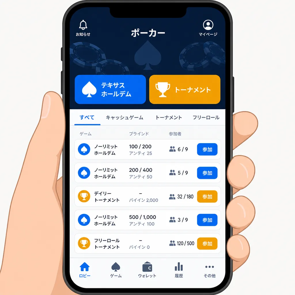 スマートフォンでポーカーアプリのロビー画面を操作する手元のクローズアップ
