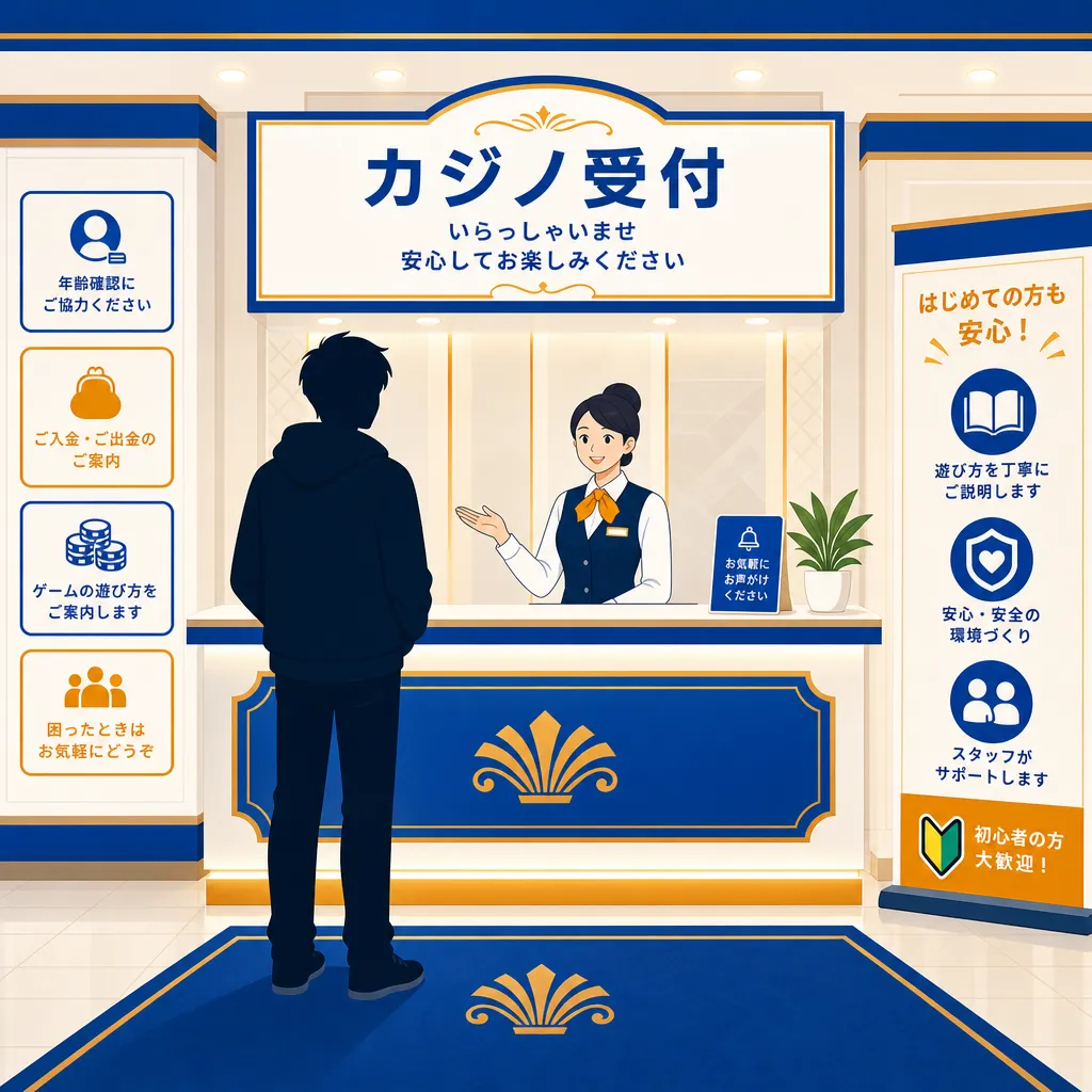 アミューズメントカジノの受付カウンターで手続きをする私服姿のプレイヤー。清潔感があり入門者向けの雰囲気