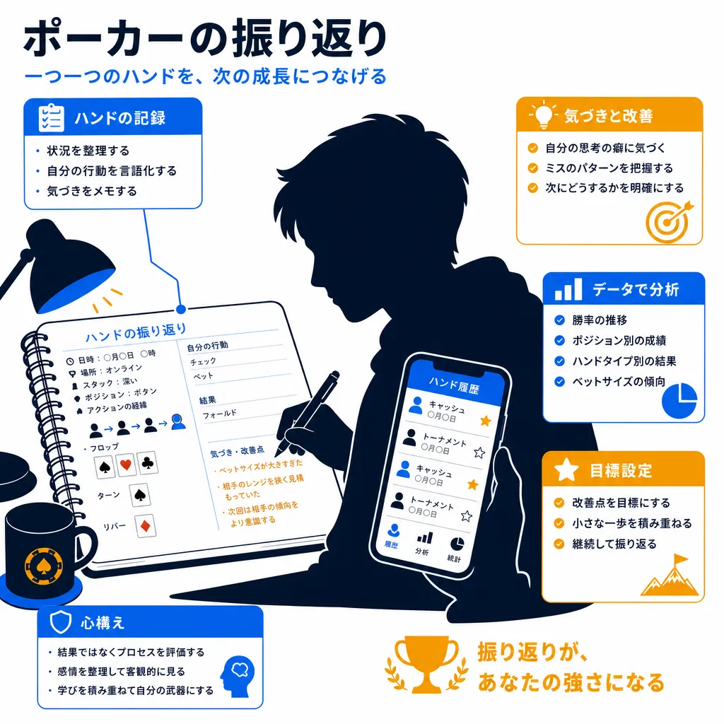 ノートとスマートフォンでハンドを振り返るシルエットのフラットイラスト