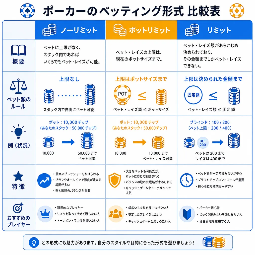 ノーリミット・ポットリミット・リミットを並べた比較表のフラットイラスト