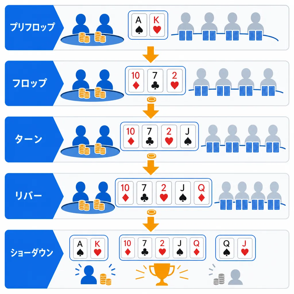プリフロップからショーダウンまでを矢印でつないだ流れ図のフラットイラスト