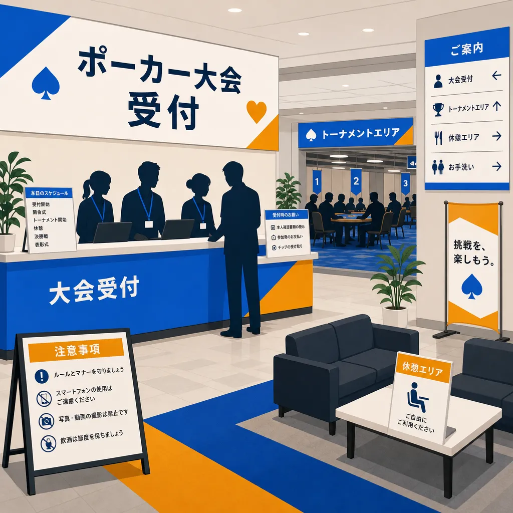 トーナメント会場のレジストレーション窓口と席を表したフラットイラスト
