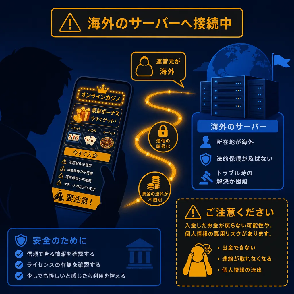 海外サーバーから日本のスマホに繋がる怪しいオンラインカジノのイメージ