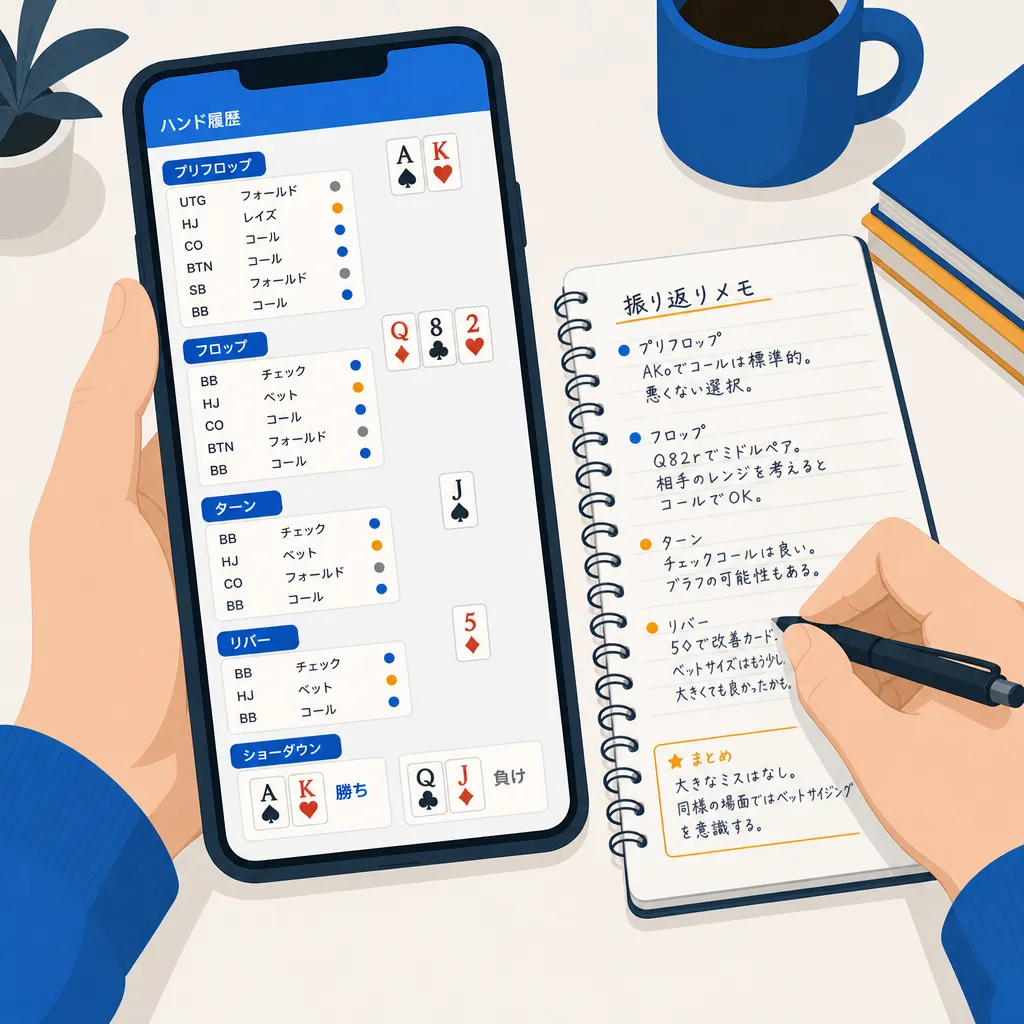 スマホ画面のハンド履歴とノートに振り返りを書く手元のイラスト