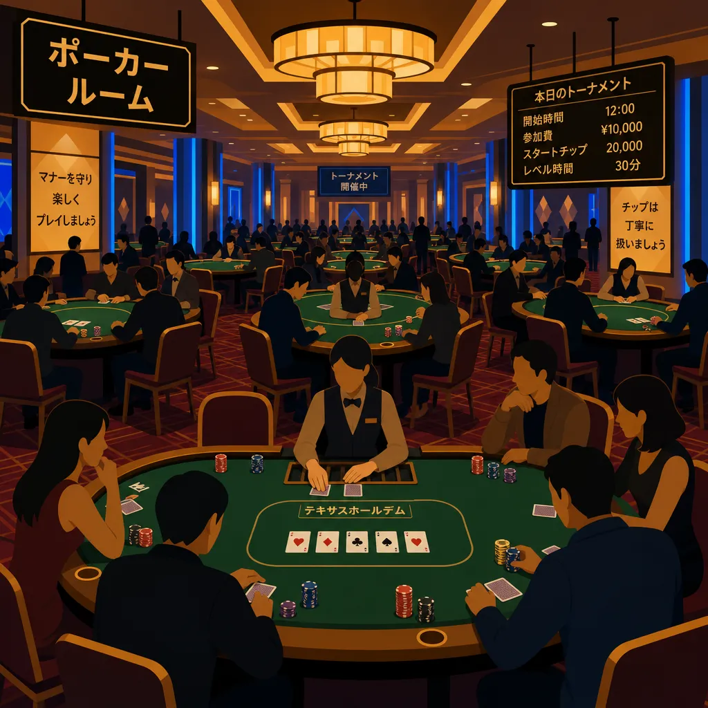 カジノ内のポーカールームで複数のテーブルが並ぶ光景のフラットイラスト