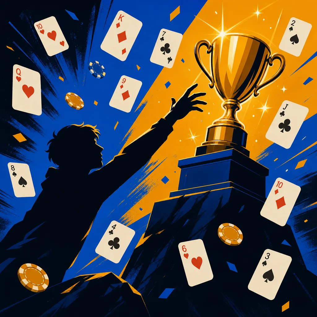 海外ポーカートーナメントで賞金トロフィーを目指すプレイヤーのシルエットを描いたフラットイラスト