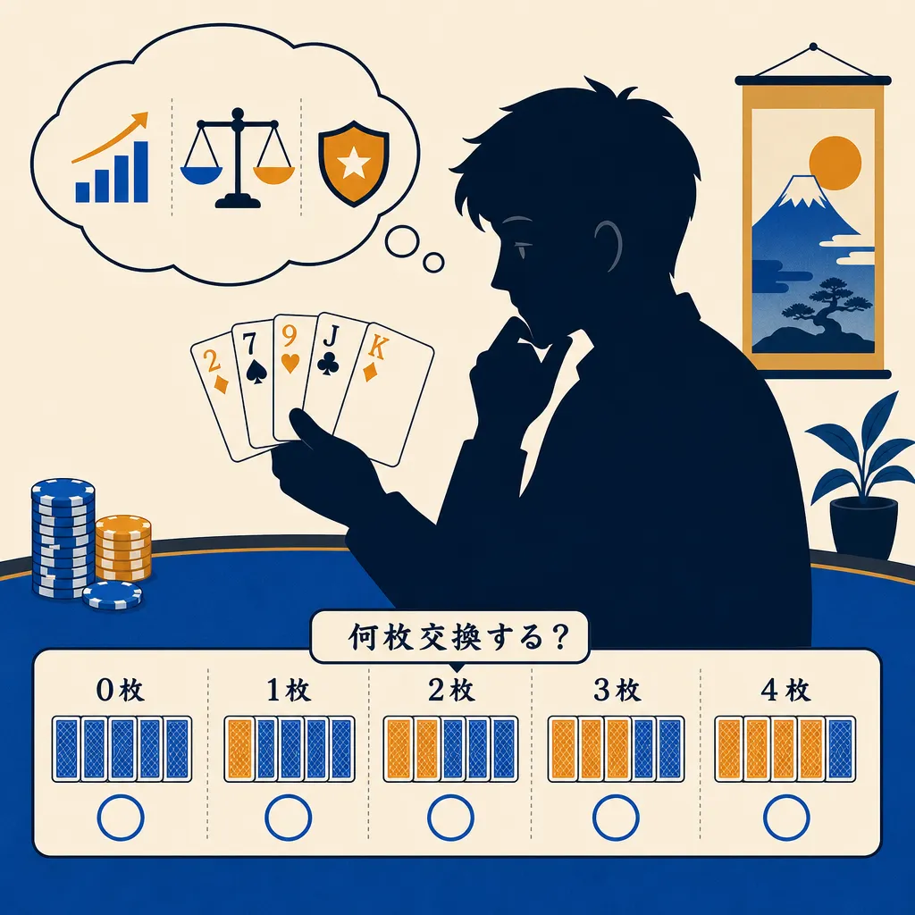 手札を見比べて交換枚数を悩む初心者プレイヤーのイラスト