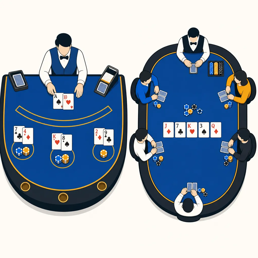 ブラックジャックのテーブルとポーカーのテーブルを左右に並べたフラットイラスト
