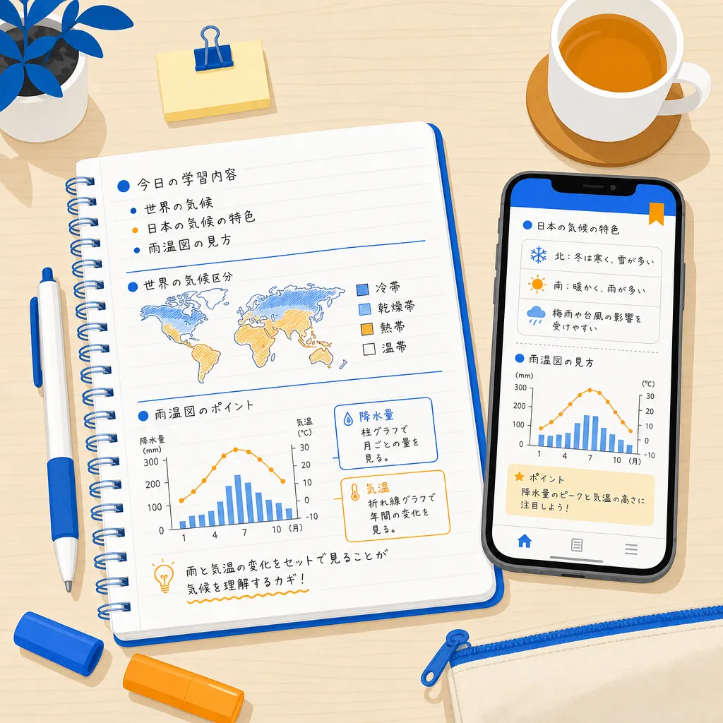 ノートとスマートフォンを並べた学習シーンのフラットイラスト