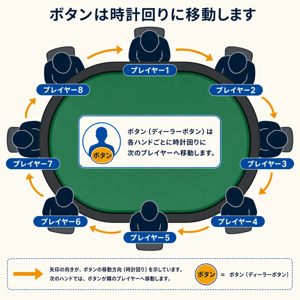 ボタンが時計回りに1席ずつ移動する様子を矢印で示したフラットイラスト