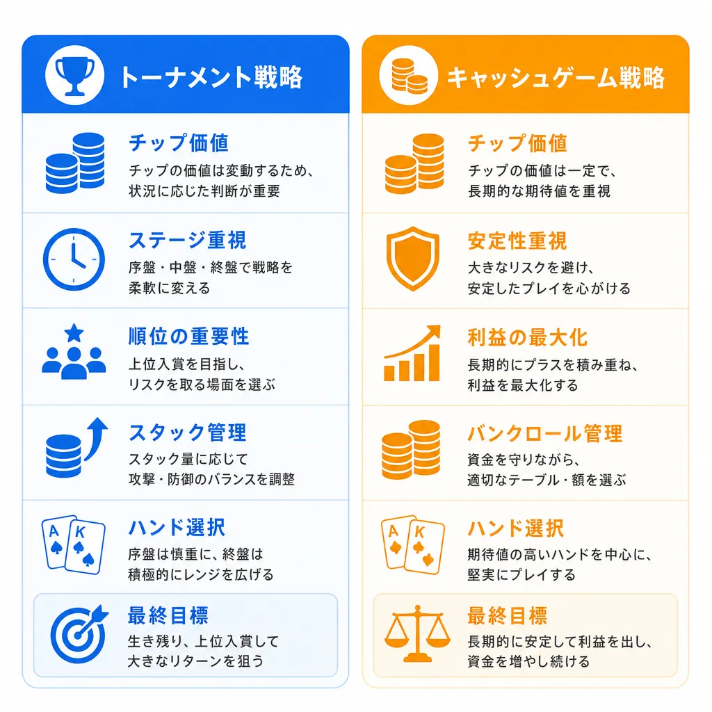 トーナメントとキャッシュゲームを並べたボタン戦略比較表のフラットイラスト