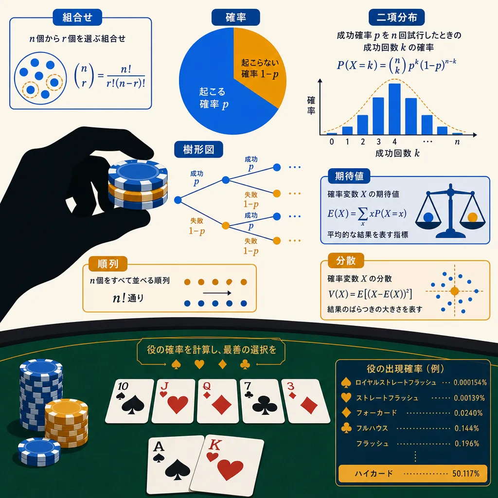 ポーカーテーブル上でアウツとポットオッズを計算する手元のイメージのフラットイラスト