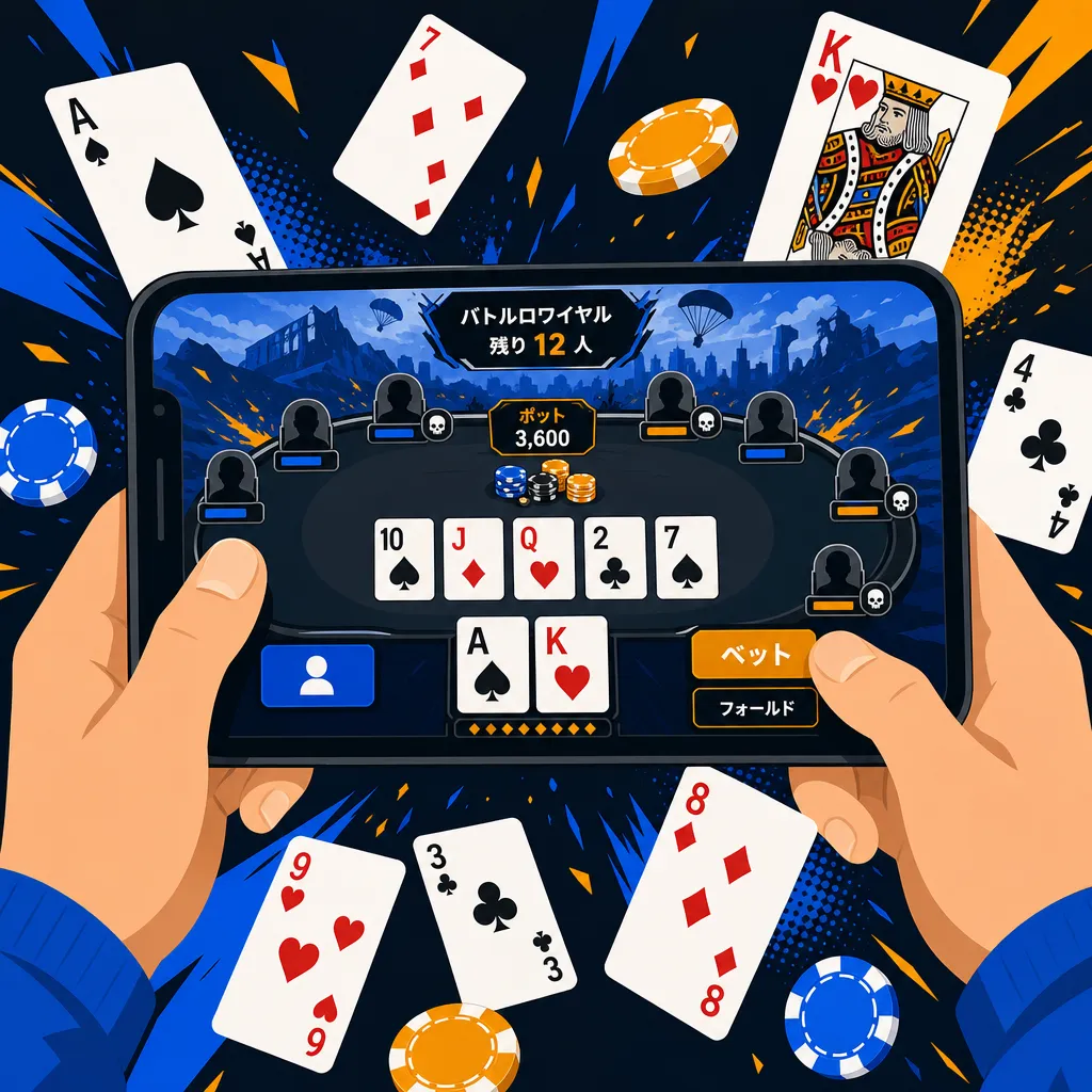 スマートフォンでバトロワ式ポーカーを遊ぶ手元のフラットイラスト