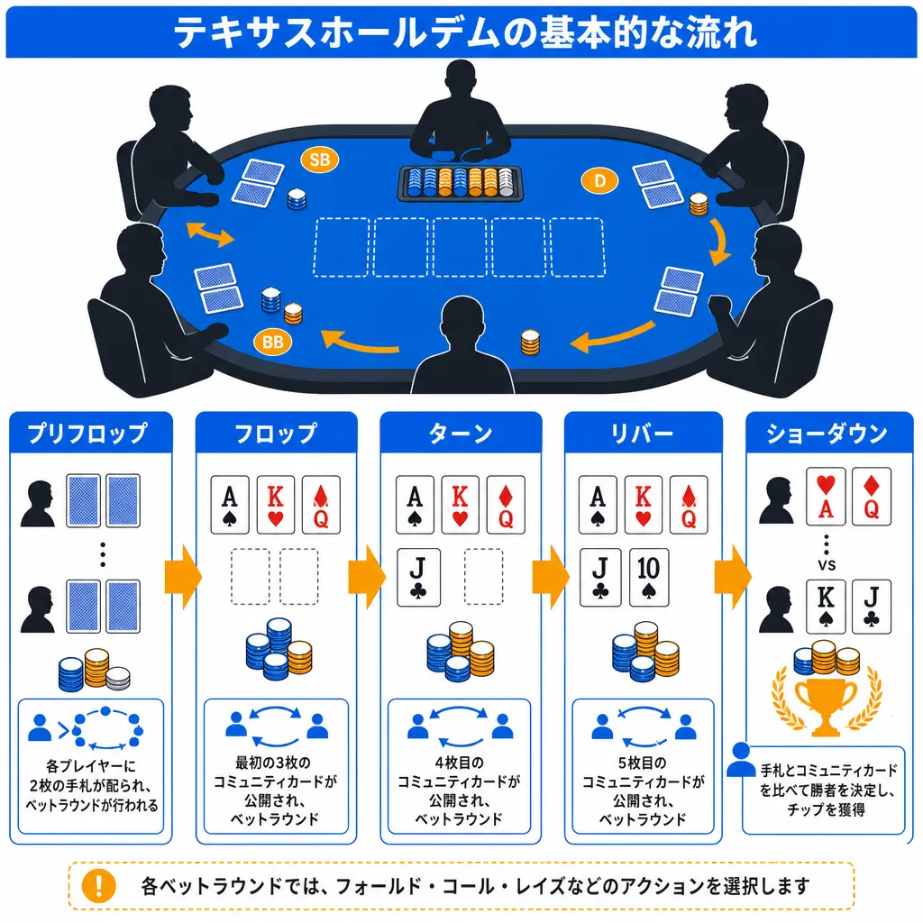 テキサスホールデムの基本フローを示すフラットイラスト
