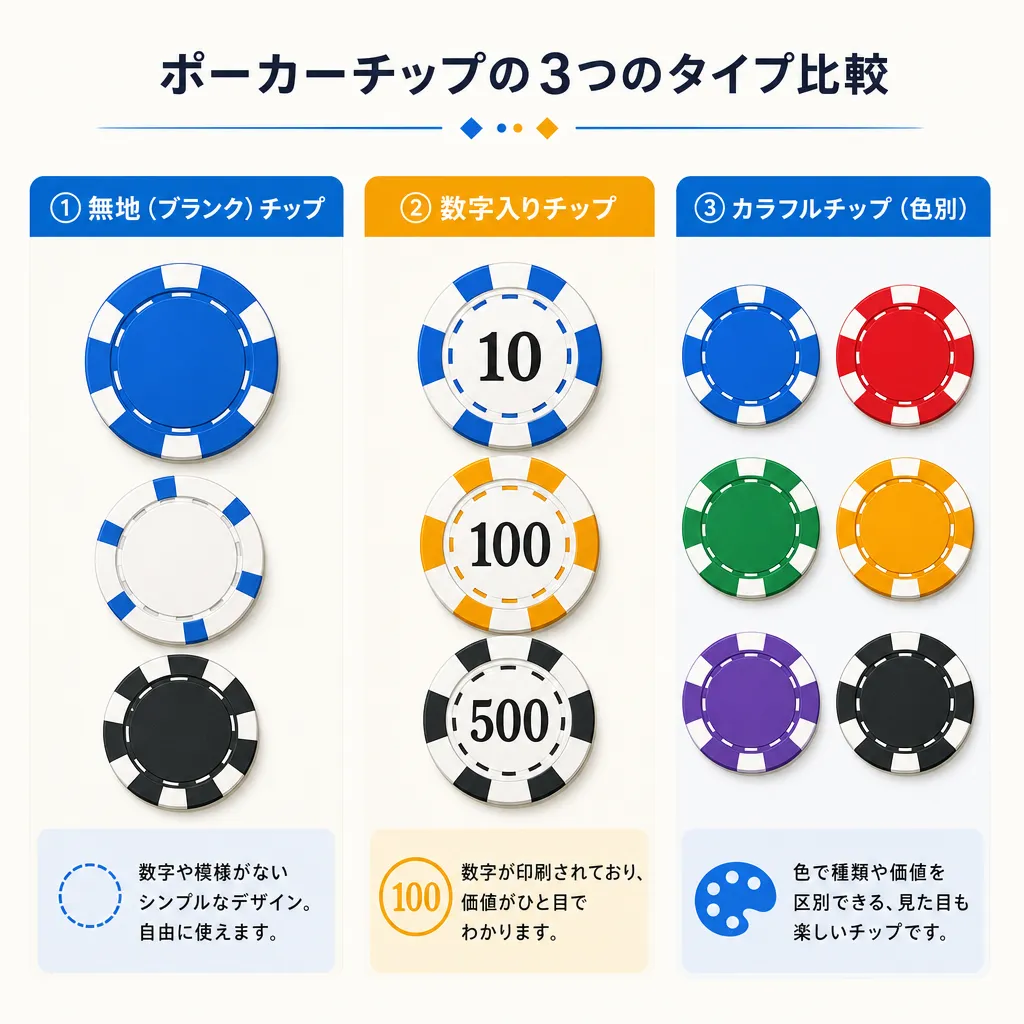 プラスチックチップの種類（無地・数字入り・カラー）を比較したフラットイラスト