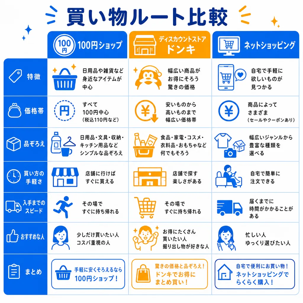 100均・ドンキ・通販の3つの購入ルートを比較する図のフラットイラスト