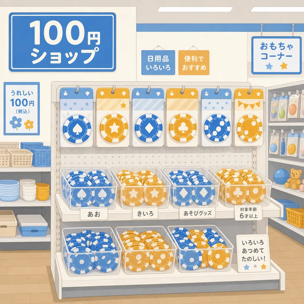 100均ショップの店舗内とポーカーチップ風のおもちゃを並べたフラットイラスト