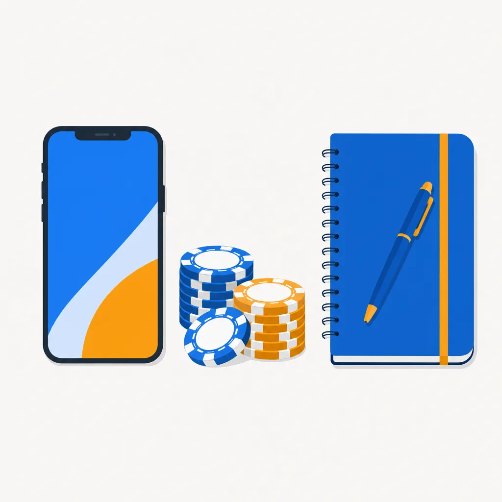 スマートフォンとポーカーチップ、ノートを並べたフラットイラスト