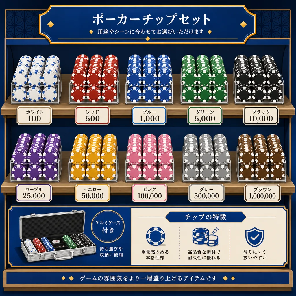 ドンキで売られているポーカーチップセットの種類を並べたフラットイラスト