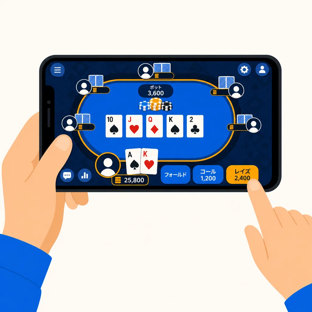 スマートフォンでポーカーアプリを操作する手元のフラットイラスト