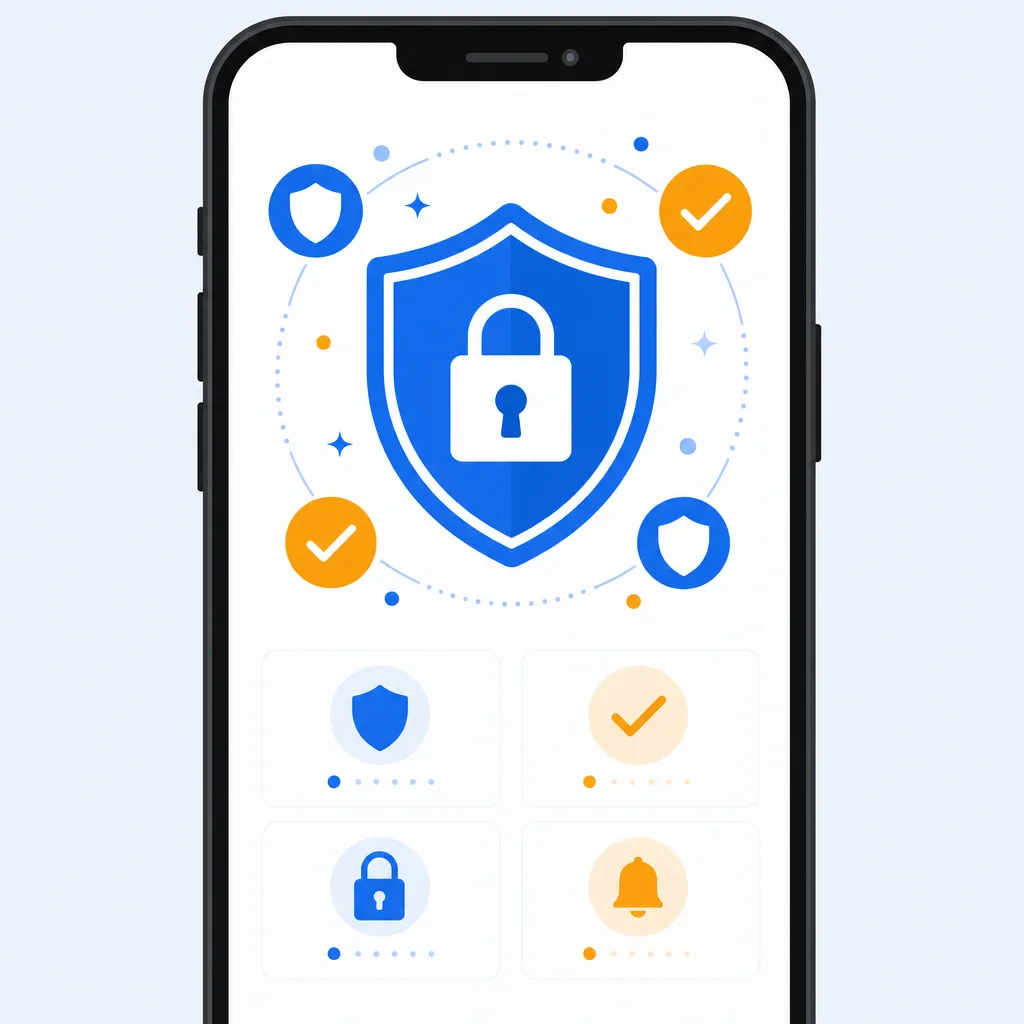 スマートフォン画面に表示されたセキュリティアイコンのフラットイラスト