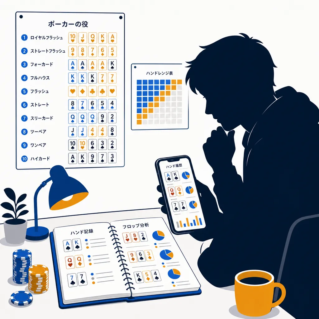 ノートとスマートフォンでハンドを振り返るシルエットのフラットイラスト